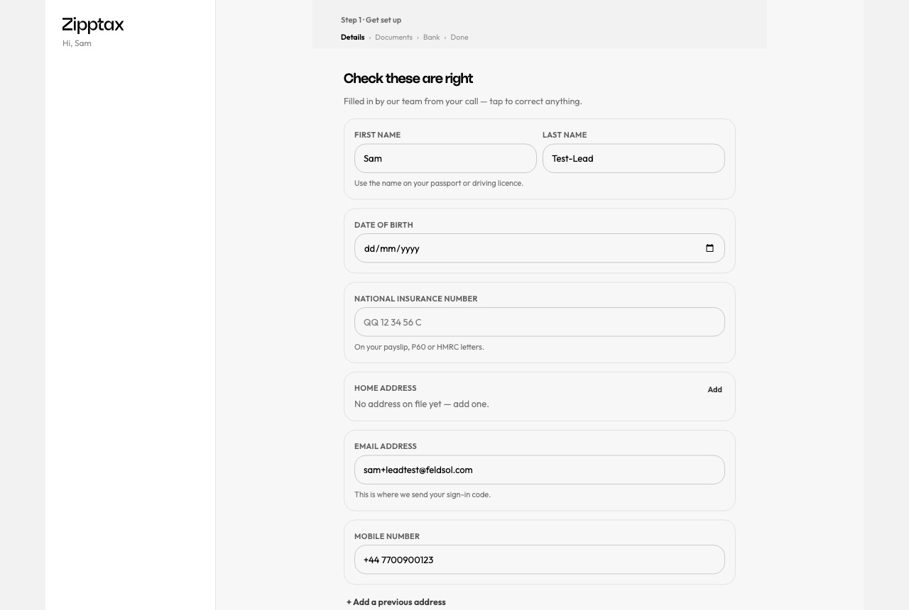 Details form prefilled from the website