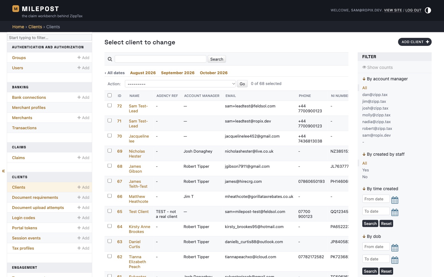 Client list with the new lead at the top