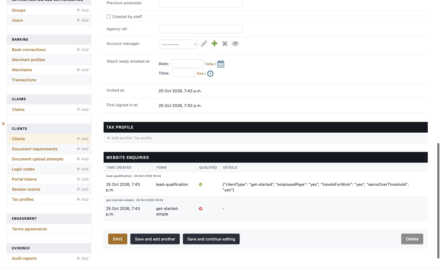 Website enquiries on the client's page