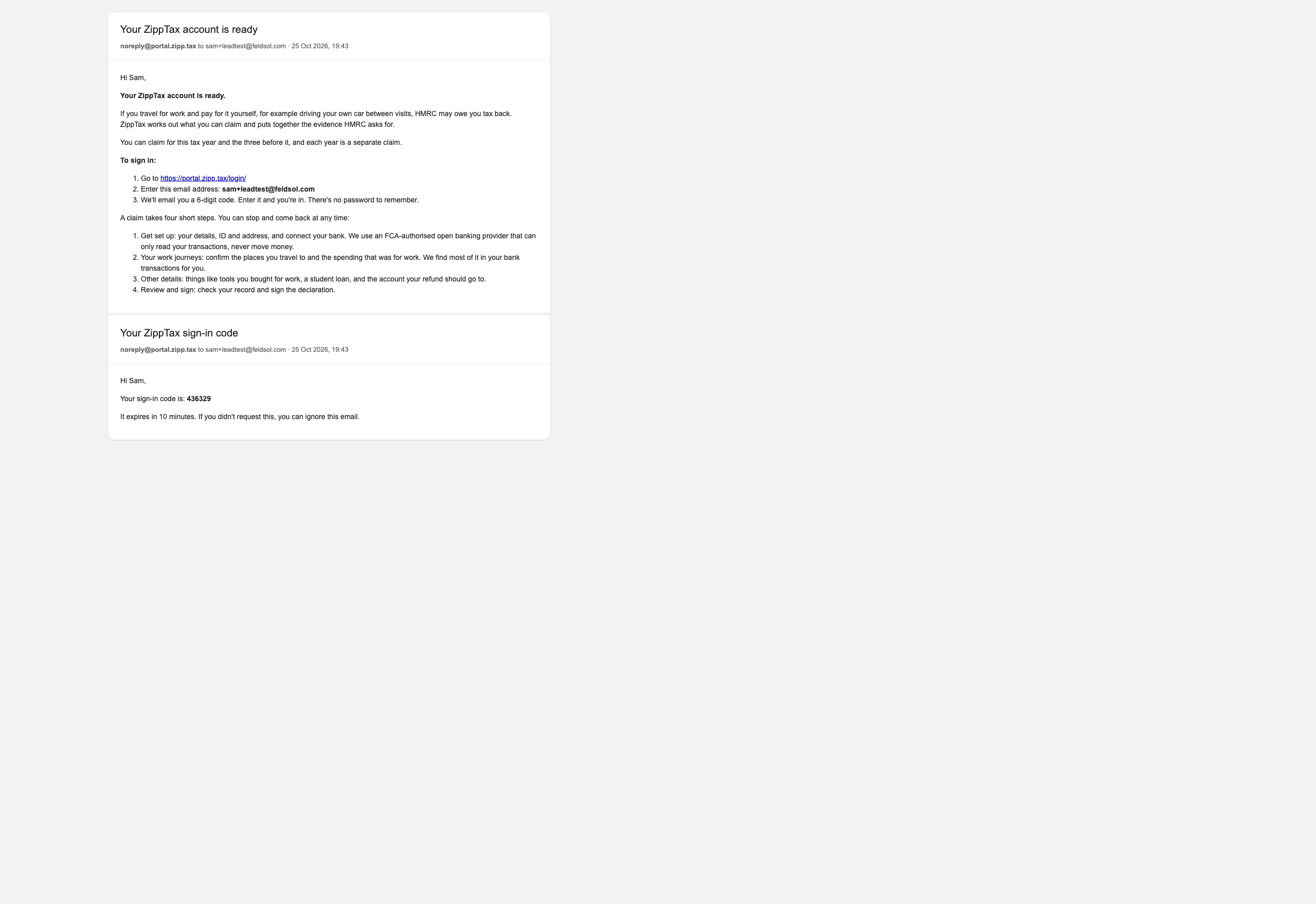 Welcome email and sign-in code email